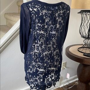 Molly Bracken Navy Lace Cardigan Fabric Covered Buttons Sheer mesh over Lace M/L